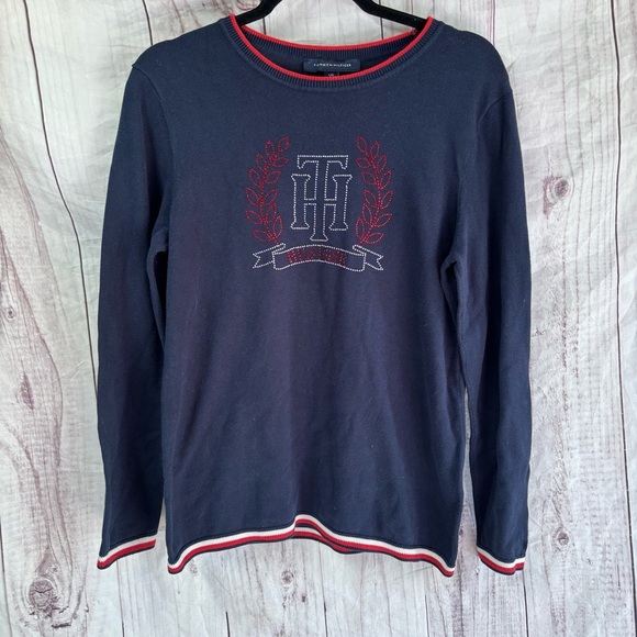 Tommy Hilfiger Vintage Sequin Beaded Blue Red Long Sleeve Tee Crew Neck Top L - Picture 1 of 7